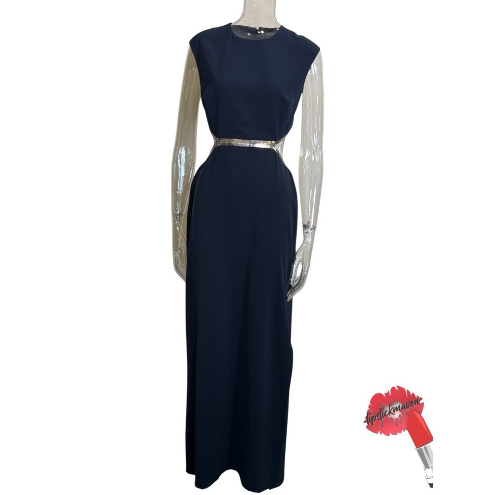 Halston Heritage Dress Women 4 Navy Blue Maxi Evening Gown Cut Out
